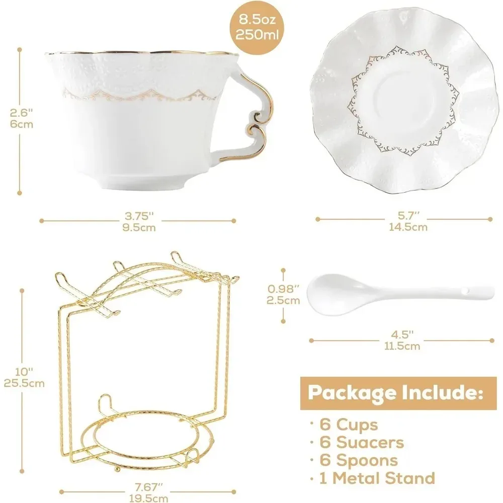 Imagem -06 - Relevo Impresso Caneca de Café com Metal Stand Gold Trim Xícaras e Pires Chá Branco Café de Luxo Ferramentas Teaware Cozinha em