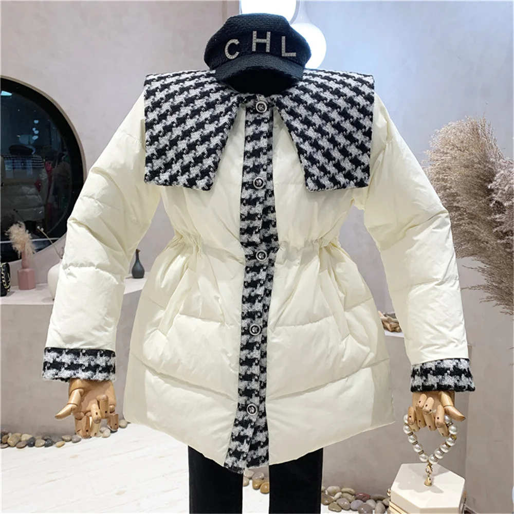 2025 inverno feminino pato branco para baixo jaqueta de inverno novo coreano costura temperamento para baixo jaqueta feminina engrossar casaco puffer