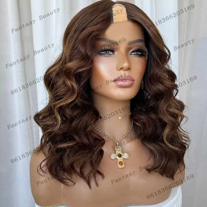 

Средняя U-образная часть Выделенные темно-коричневые глубокие волны человеческих волос Полностью машинного производства Парики для чернокожих женщин Бесклеевые регулируемые парики с V-образной частью