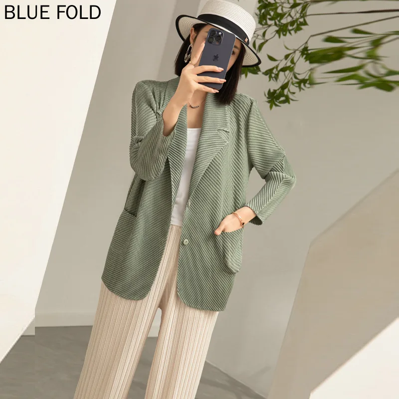 MIYAKE-Women's Pleated Blazer, Single-Breasted Blazers, Versatile Top, Commuter, Spring and Autumn, New, 2024