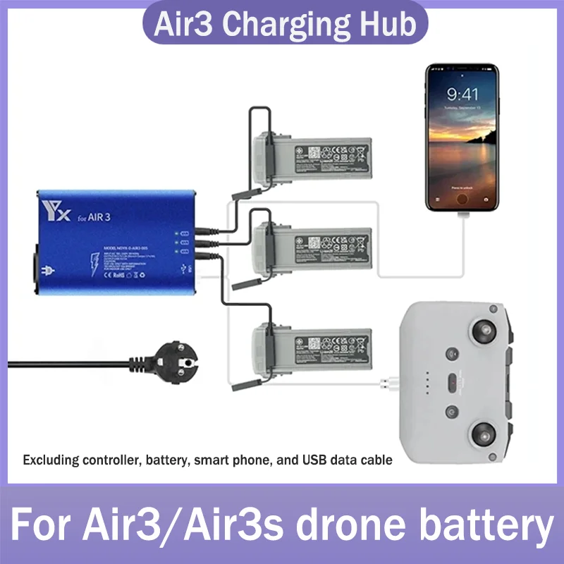 

For Air 3/3S 5 in 1 charging hub Simultaneously And charge 3 batteries and charge remote control smartphones through USB port