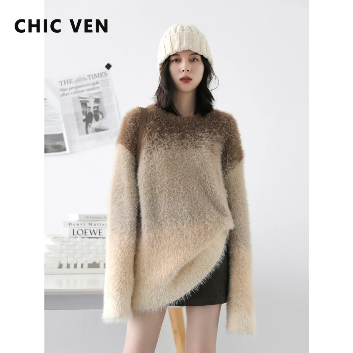 

CHIC VEN Women's Sweater Korean Gradient Loose Casual Round Neck Knitted Pullovers Warm Female Tops Autumn Winter New 20232023