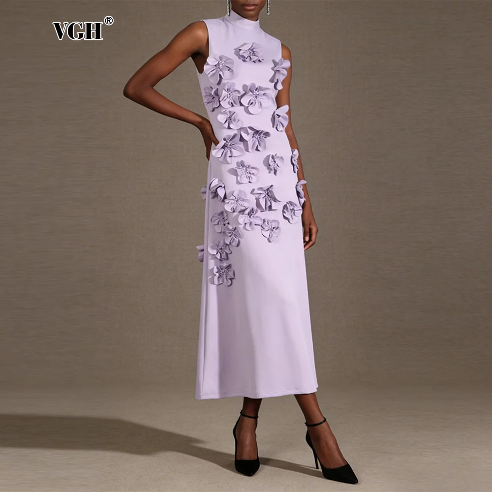 

Элегантное женское платье VGH: свежий дизайн, воротник-стойка, без рукавов, завышенная талия, аппликации, стильное платье для женщин