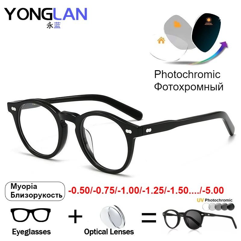 Japanese Handmade Acetate Glasses Sun Photochromic Myopia Glasses Men Women Round Brand Designer Eyeglasses Spectacles Eyewear