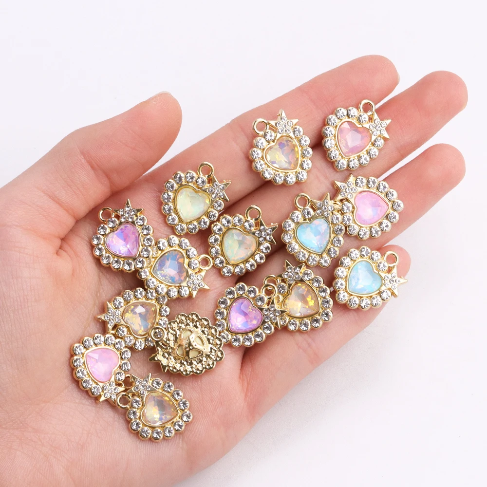 10Pcs Shining Gold Silver Color Alloy Crystal Zircon Love Heart Pendant Women\'s Necklace Earrings Charm DIY Craft Material
