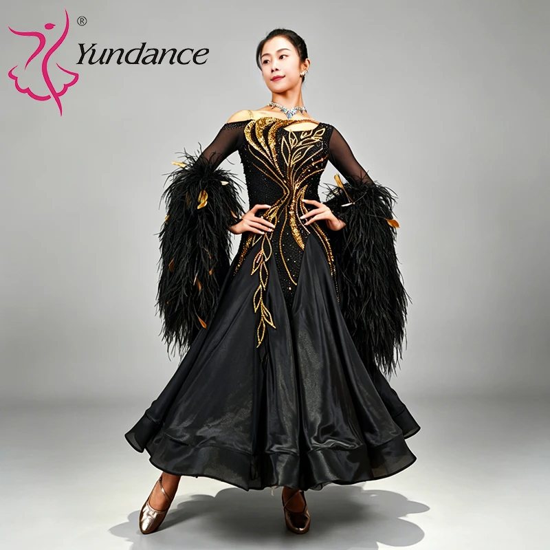 

B-25166 Ballroom Dance Competition Dance Dress for Girls Lyrical Dance Costumes Black Satin Chiffon Stage Performance Wear