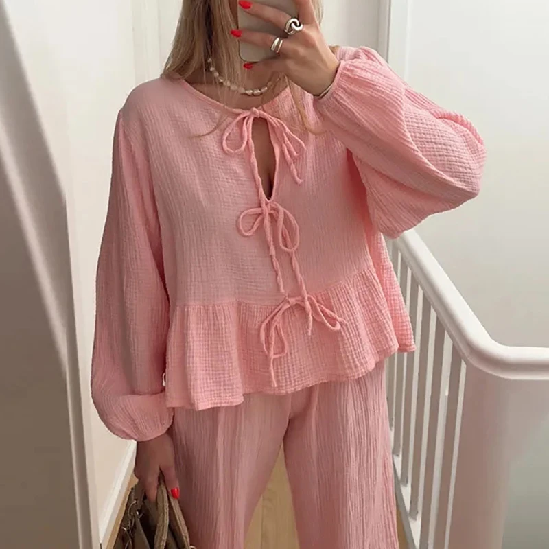 

Women's Spring Shirt Lace-up Lantern Sleeve Top Round Neck Bow Hollow Shirt Round Neck Long Sleeve Babydoll Casual Lazy 2024