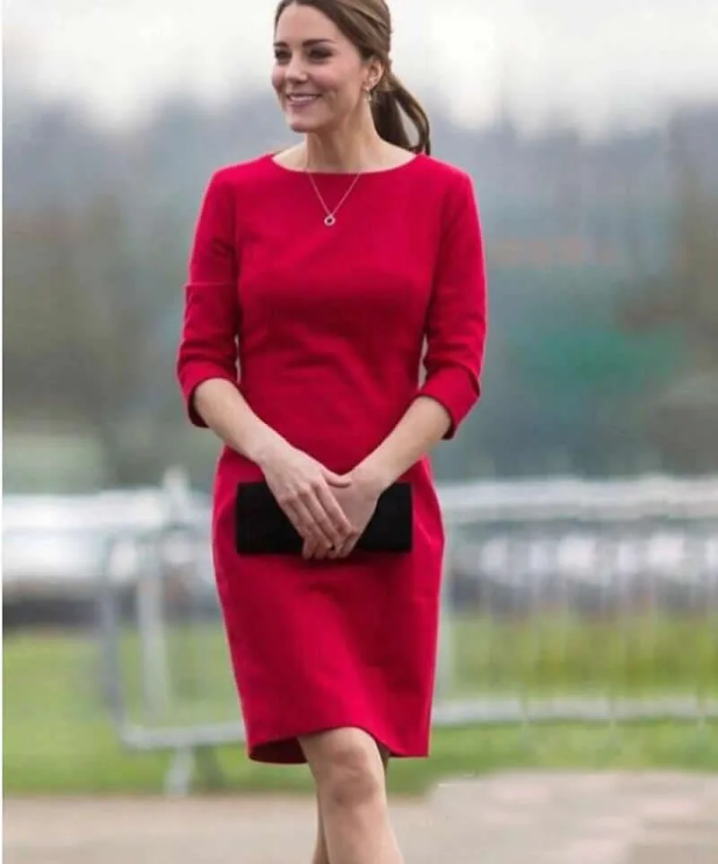 

Princess Kate Red Solid Dress Women O-Neck Sheath Half Dress