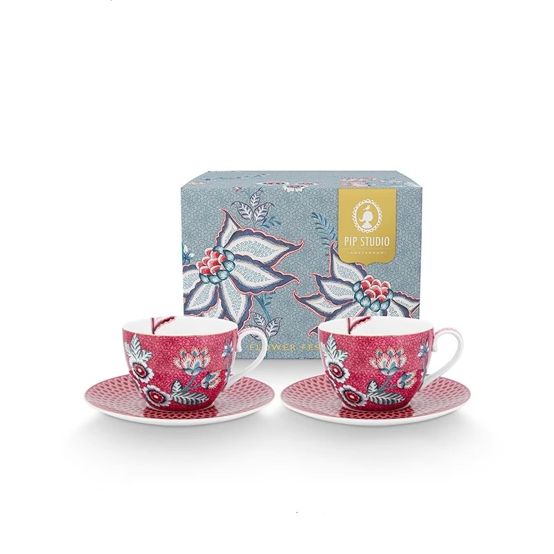 

Oriental Flower Rhythm Coffee Cup Set Eastern Aesthetics Style Tea Set Wedding Birthday Gift Deep Red Series