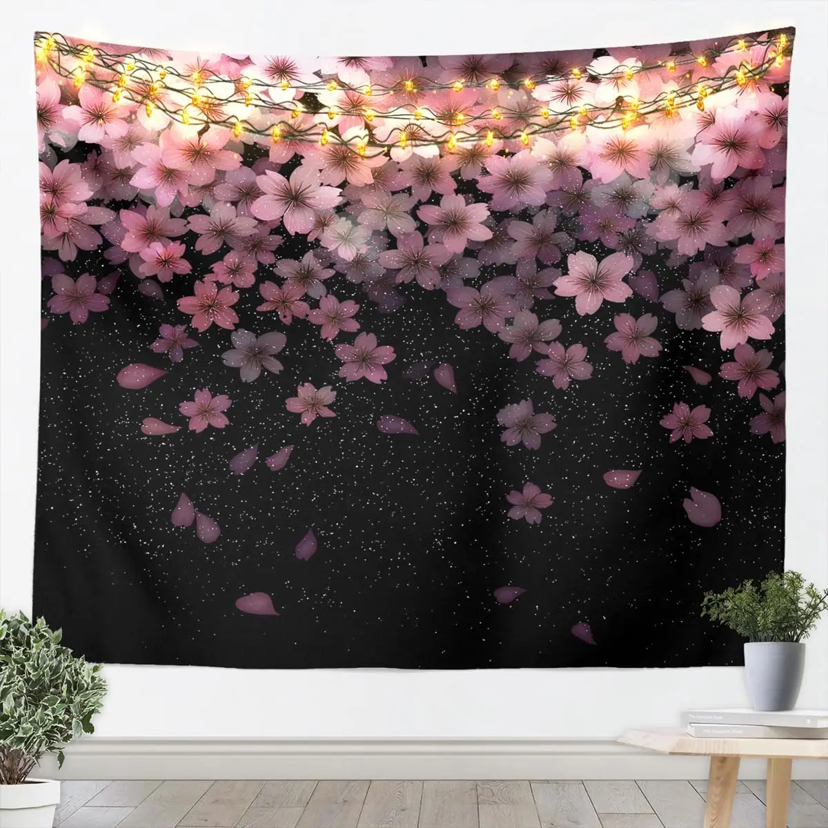 Erosebridal Cherry Blossom Wall Hanging Pink Flower Tapestry Room Decor Petal Floral Wall Blanket Starry Sky Glitter Girly Room