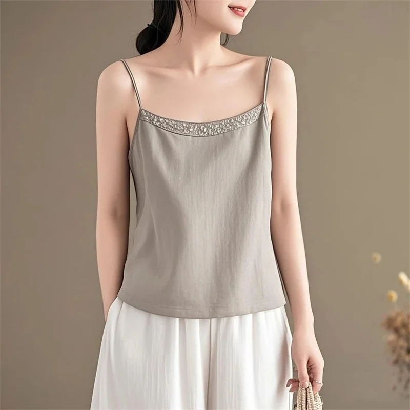 

Women's Cotton Linen Cami Top Embroidered Neckline Slim Fit Plus Size Daily Commute Outerwear Camisole