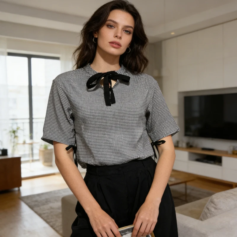 Summer New Casual Lace Up Checkered Blouse Loose Short Sleeve Women Shirt Fashion Sweet Elegant Versatile Contrasting Color Tops