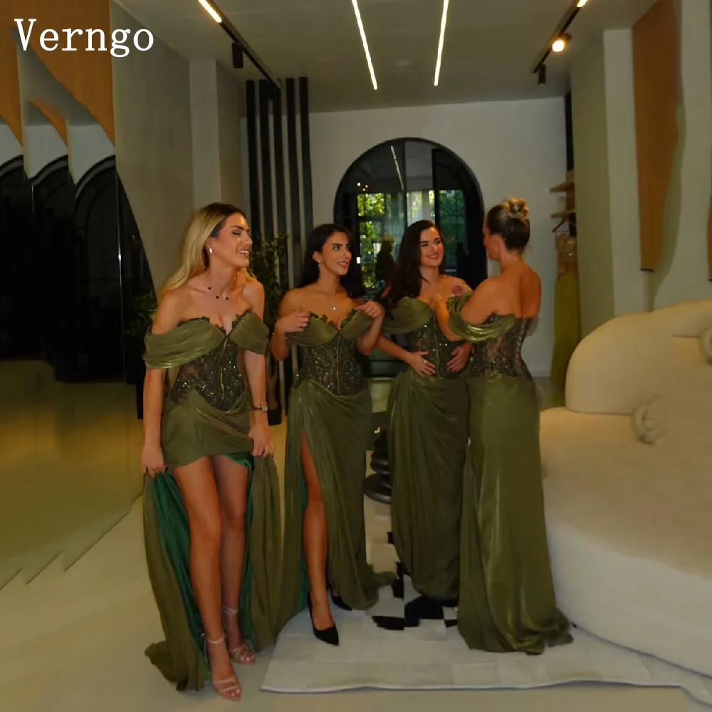Verngo Olive Green Shiny Prom Gown Off The Shoulder Side Slit Party Dress Floor Length Bridemaid Dresses Customized