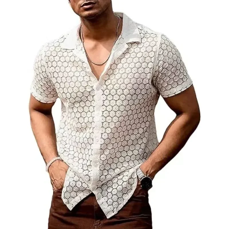 

2024 Mens Top Fashion Lace Short Sleeved Shirt Casual Button Hollow Perspective Shirts for Men