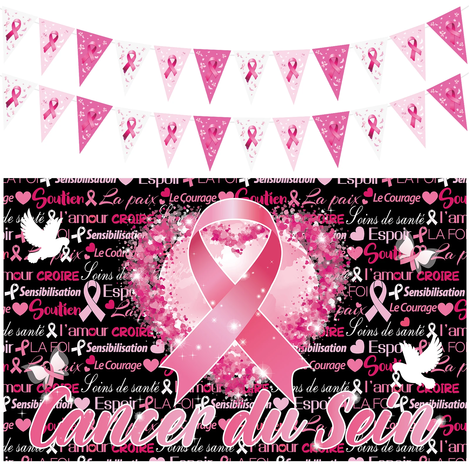 Spanduk Kesadaran Kanker Payudara, Pita Oktober Merah Muda, Latar Belakang, Harapan, Iman, Kekuatan, Keberanian, Bendera Segitiga, Dekorasi Untuk Kesehatan