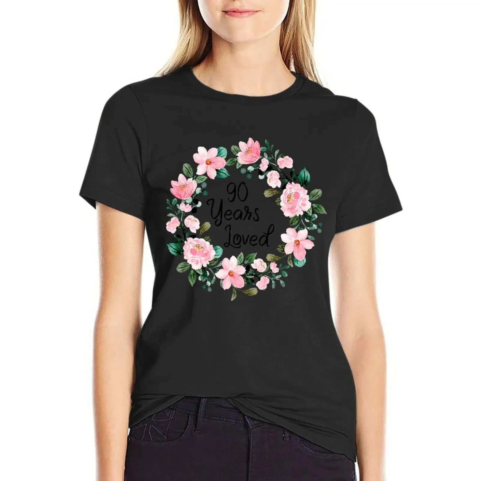 

90 Years Loved Men Women 90 Years Old Floral 90th Birthday T-Shirt korean fashion aesthetic clothes sports fans T-shirt Women