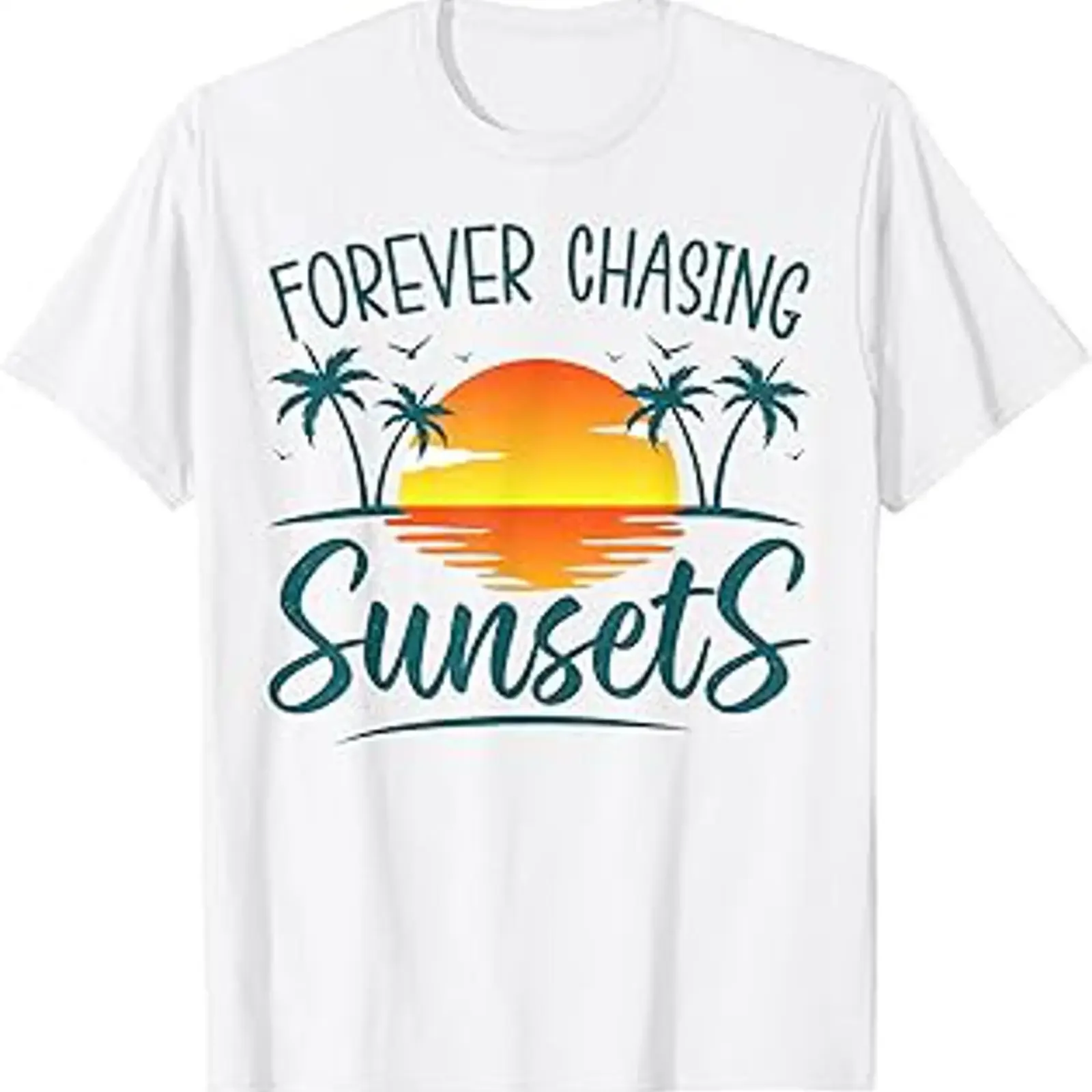 Camiseta de playa vintage Forever Chasing Sunset Sunshine Summer, lavada, elástica, versátil, con gráfico, unisex, elegante y a la moda.