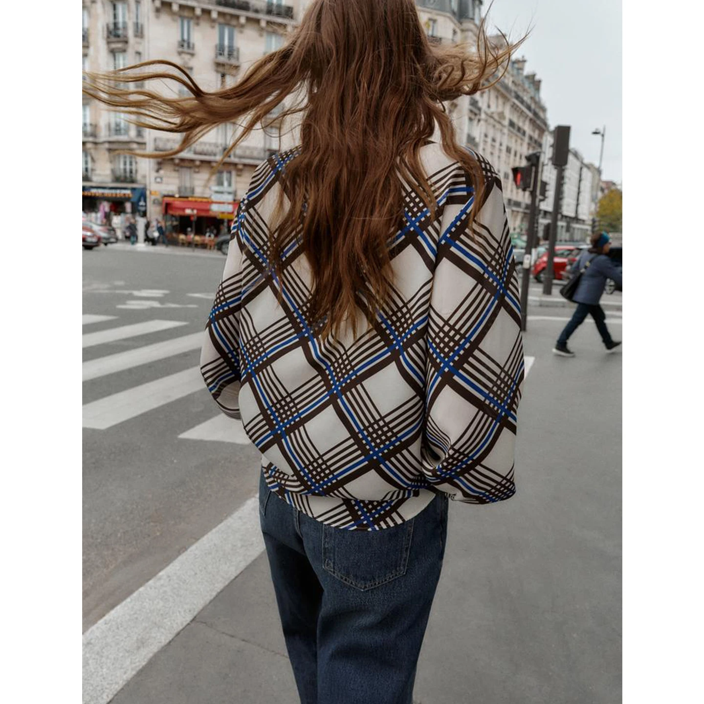 가을 겨울 신상 여성 캐주얼 슬리브 하이 칼라 롱 슬리브 체크 패턴 히든 버튼업 탑 9323262