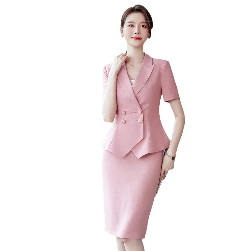 

Novelty Apricot Summer Short Sleeve Formal Women Business Suits with Skirt and Tops Ladies Office Work Wear Professional Blazers