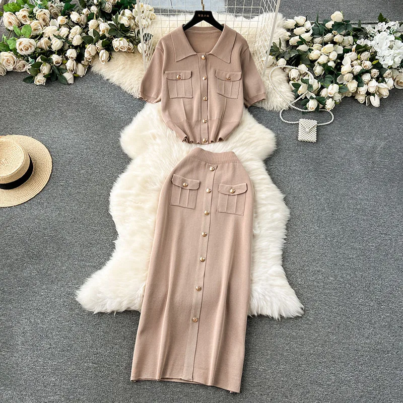 Two Piece Skirt Set Women Knitted Sets Fashion ButtonShort Sleeve T SHIRT+Knitted Camis Dress Sets Fashion Summer Suits