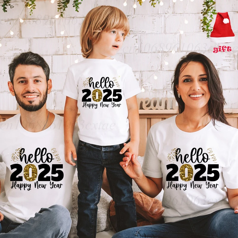 Hello 2025 Happy New Year Family Matching Outfits Dad Mom Kids Shirt Family Christmas T-shirt Holiday Party Family Shirt Clothes