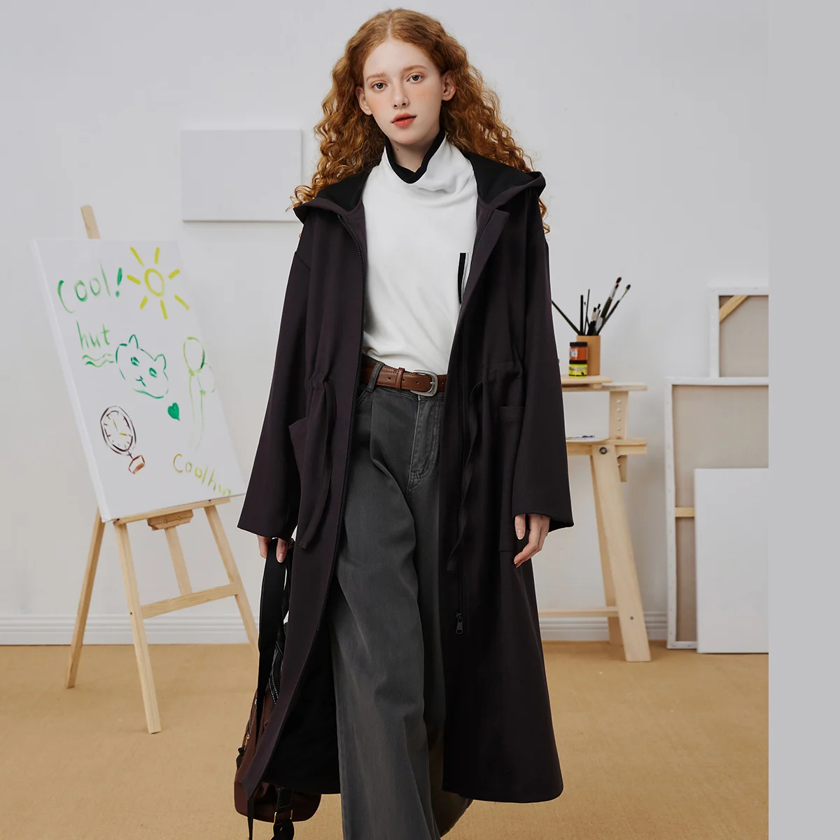 

Coolhut Hooded Mid-Length Women's Trench Coat Waist with Drawstring Oversized Pocket Effortless Chic Water-Resistant Outerwear