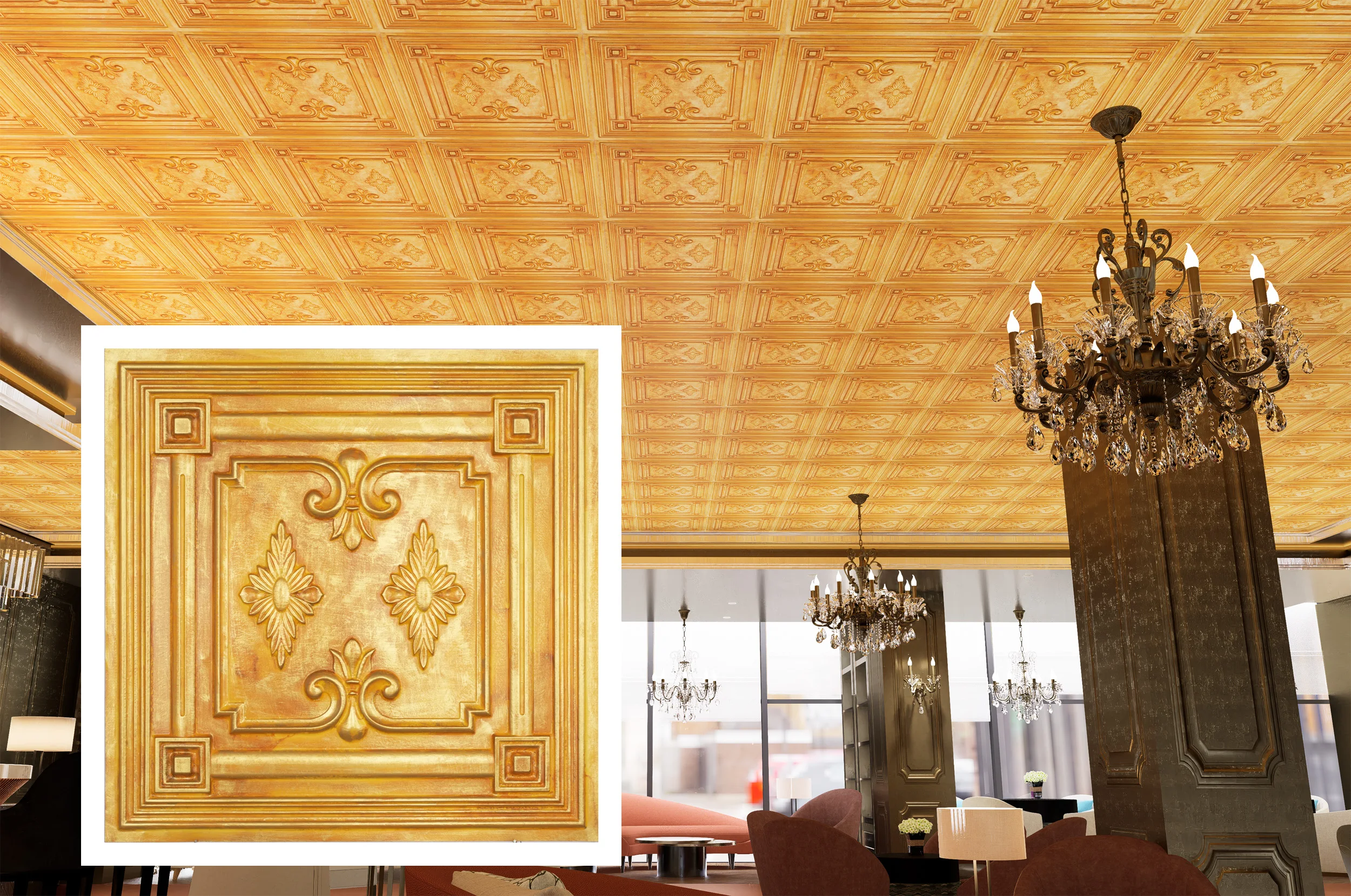 Distress Tin Ceiling Tiles Emboss interior wall panel Decorative tin wall tile PL63 Golden 10pcs