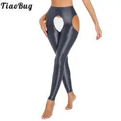 Women Spandex Cutout Leggings Trousers Glossy High Waist Tights Compression Pants Hollow Out Open Crotch Skinny Tights Underwear