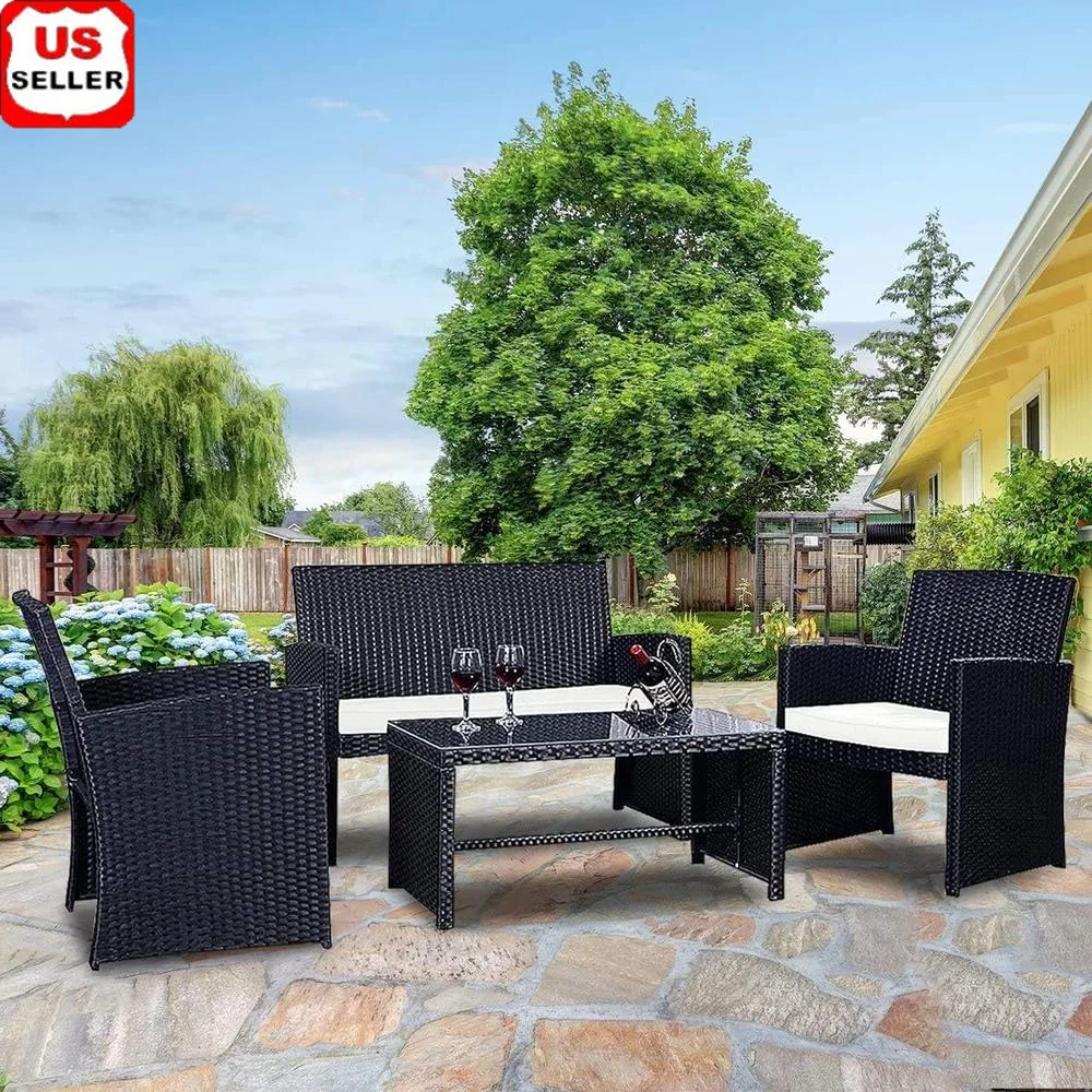 4-teiliges Rattan-Sofa-Set mit weichen Kissen, Tisch aus gehärtetem Glas, Terrassenmöbel, Garten-Lounge, modulares Design