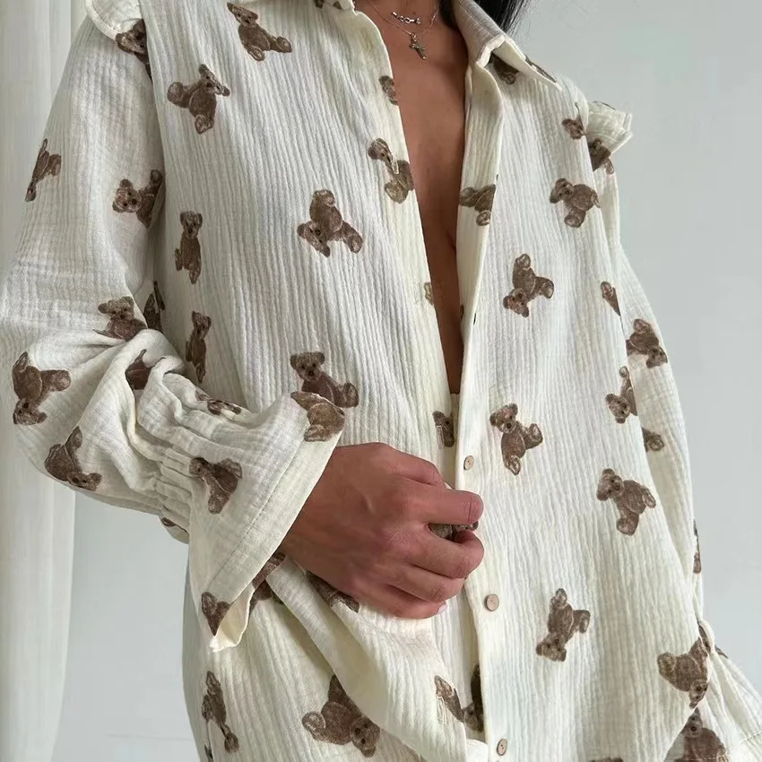 Comfortable Loose Home Clothes Set Printed Long Sleeve Top And Pants Women's Autumn Cotton Sleepwear with Small Collar