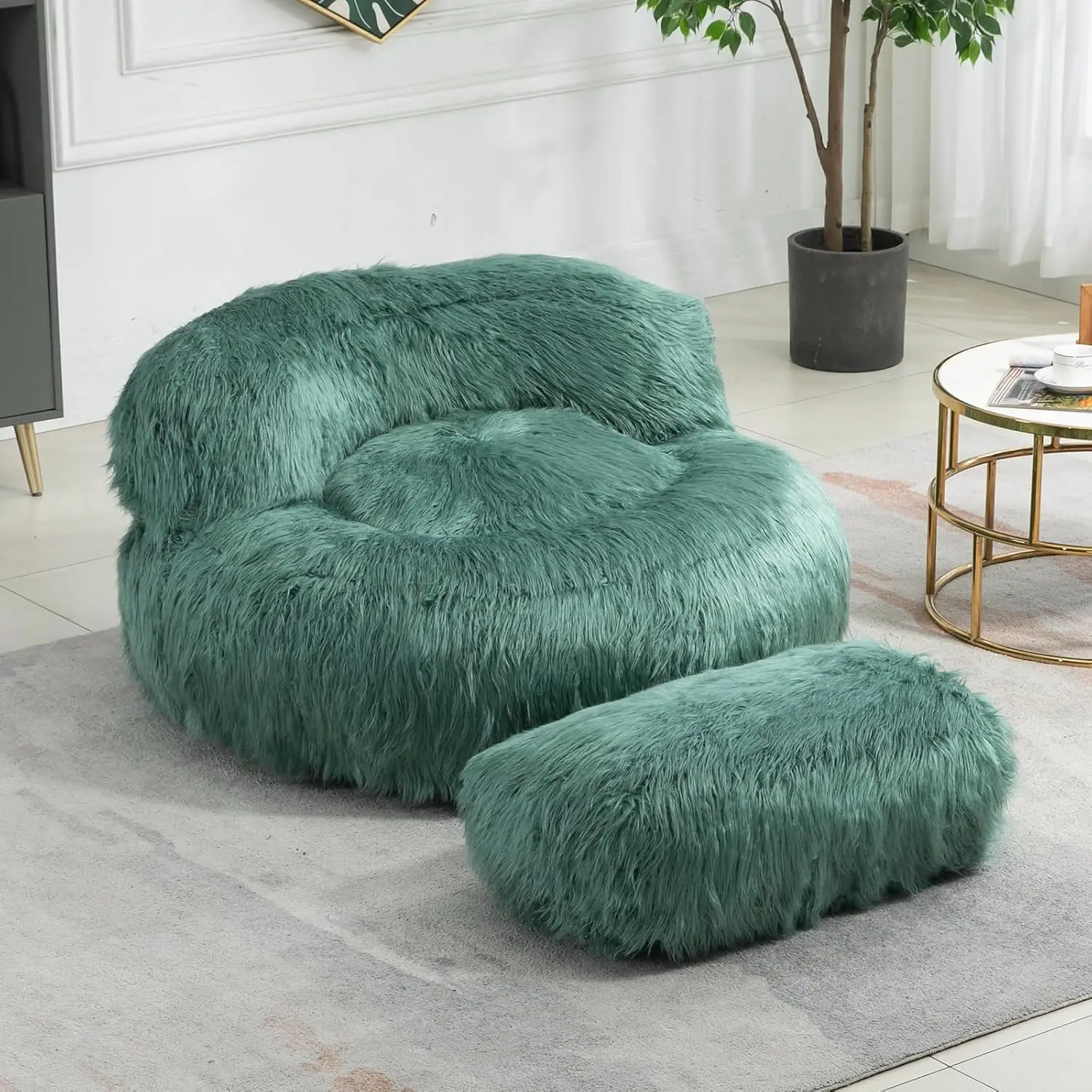 Bean Bag Chair for Adults, Plush Upholstered Lazy Sofa Chair with Footstool, Memory Foam Filled Bean Bag Couch for Living Room,