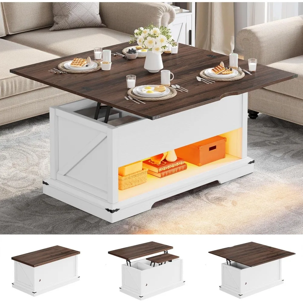 Living Room Adjustable Coffee Table, 3-in-1 Multifunctional LED with Storage Space, Living Room Adjustable Dining Table