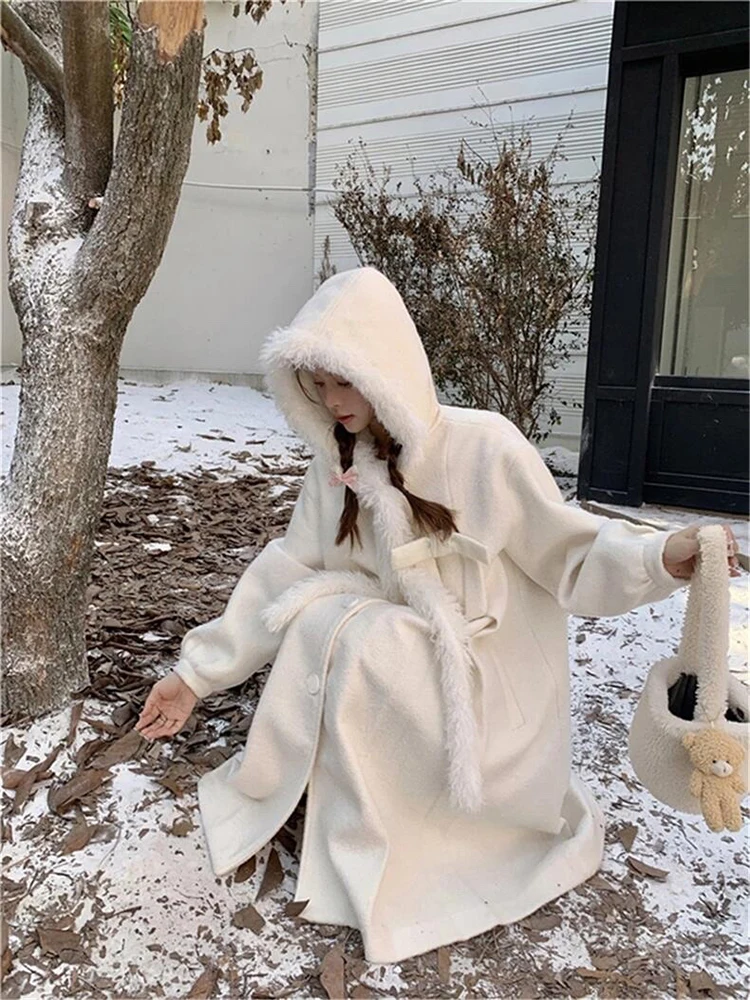 White Hooded Woolen Coat Women's Winter New Sle Korean Sweet Cute Loose Woolen Coat Mid-Length Single Button Closure
