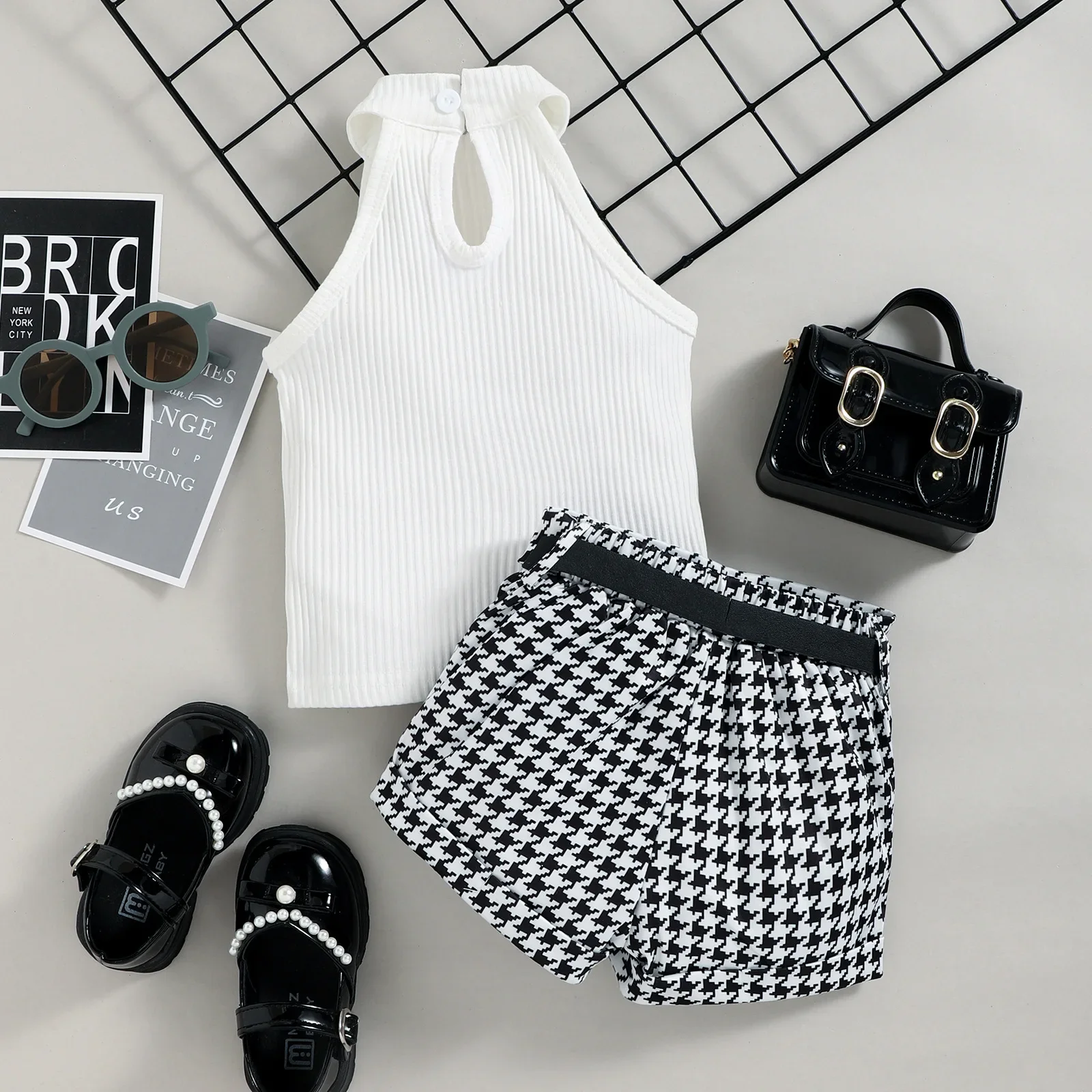 Toddler Girl Kids Clothes Set Fashion Crop Top And Houndstooth Shorts Summer Cool Sets for Children Girl Clothing + Leather Belt