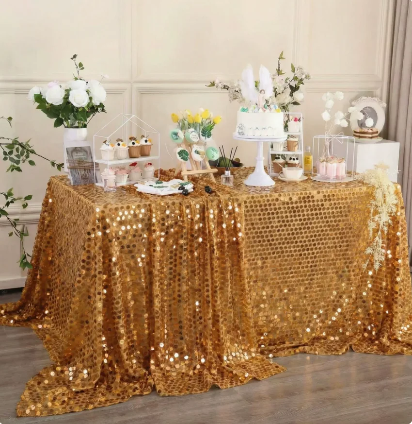 Nordic American Style Hotel INS Wedding Banquet Tablecloth, Hexagonal Tulle Base Scale Iridescent 18mm Big Sequin Table Cover