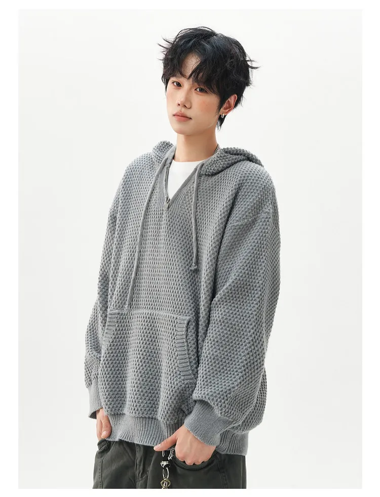 Hooded semi-zipper cashmere sweater with pineapple pattern pullover sweater jacket for men and women