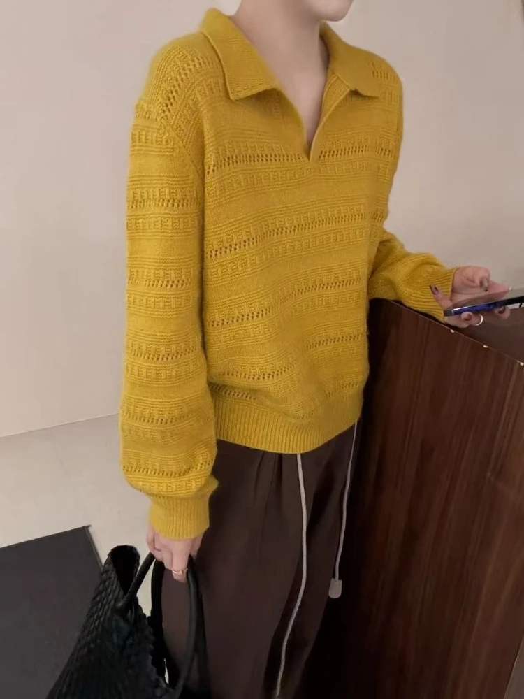 Women Long Sleeve Knit Sweater Korean Loose Solid Color Polo Collar Hollow Out Warm Pullover Autumn Slim Fit Top