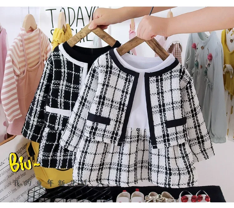 Fashion Kids Girls Princess 2pcs Clothes Set Spring Autumn Children Plaid Outwear+Skirts Vintage Outfits Suit Baby Girl Clothes