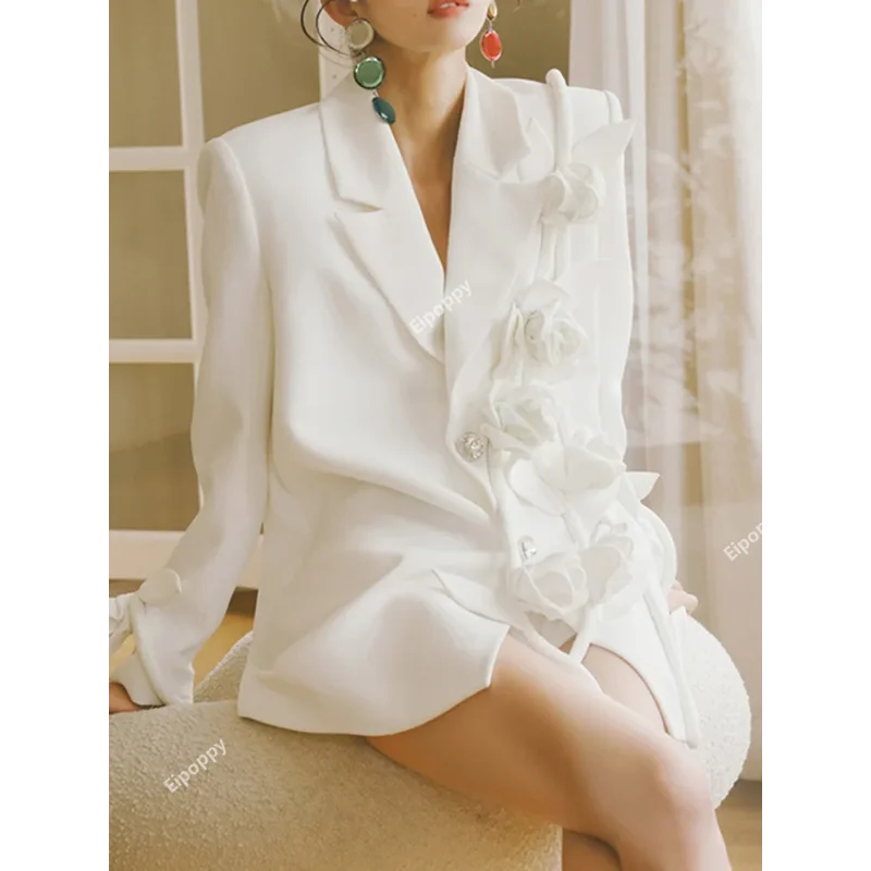 Temperament Women White Blazer Notched Collar Long Sleeve Spliced Appliques Loose Fashion Female Jacket Luxury Ladies