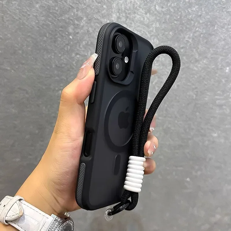 for Magsafe Double Color Wrist Strap Case for iPhone 16 15 14 17 Pro Max Air Plus 13 12 Lanyard Matte Magnetic Shockproof Cover - náhled 5