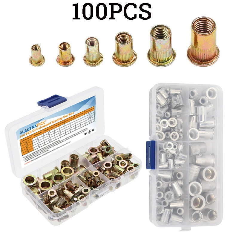 

100PCS Carbon Steel/Aluminum Rivet Nuts Kit M3 M4 M5 M6 M8 Flat Countersunk Head Threaded Rivet Insert Nutsert Cap Rivet Nuts