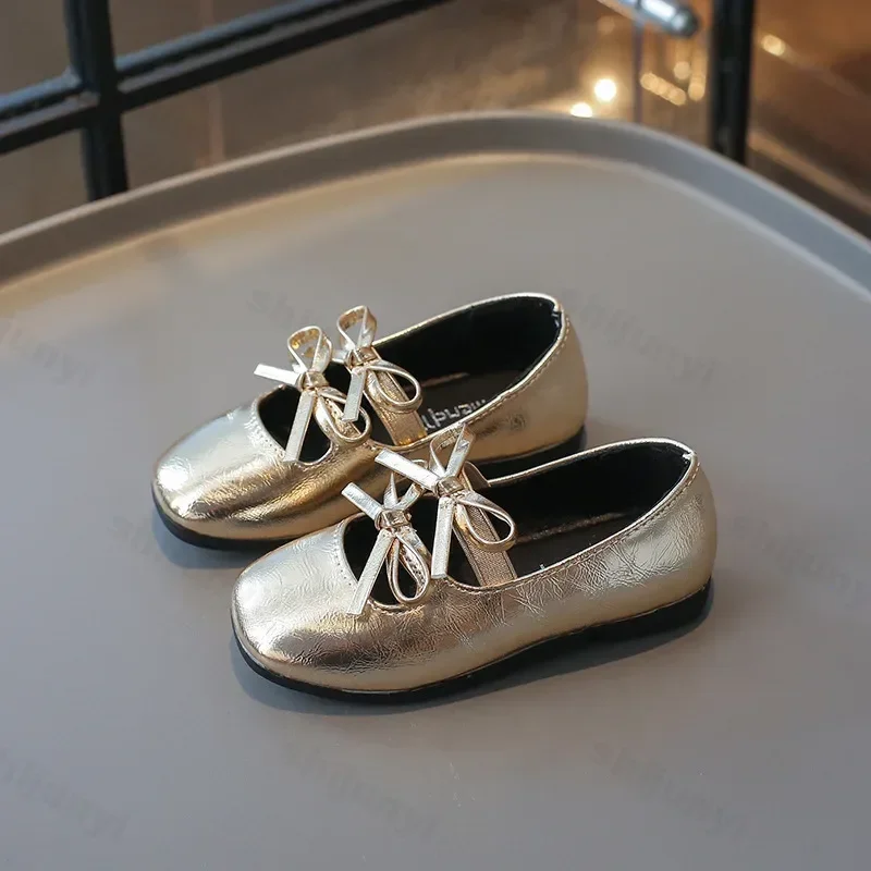 Princess Shoes for Girls New 2025 Fashion Double Bowknot Chic Children Mary Jane Shoes Gold Sliver Square Toe Elegant Kids Flats