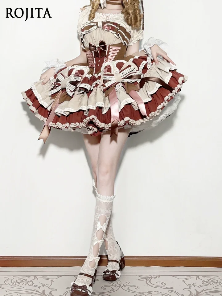 

Dark Brown and Red Color Block Cake Dress Women Japanese Style Beige Light Brown Milk Huhu Amusement Park Series Mini Dress