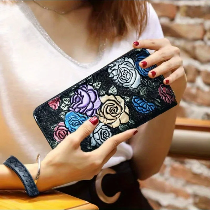 

Длинный женский кошелек, модная молния с тиснением в виде бабочки и розы, портативный женский кошелек, кошелек для хранения мобильного телефона