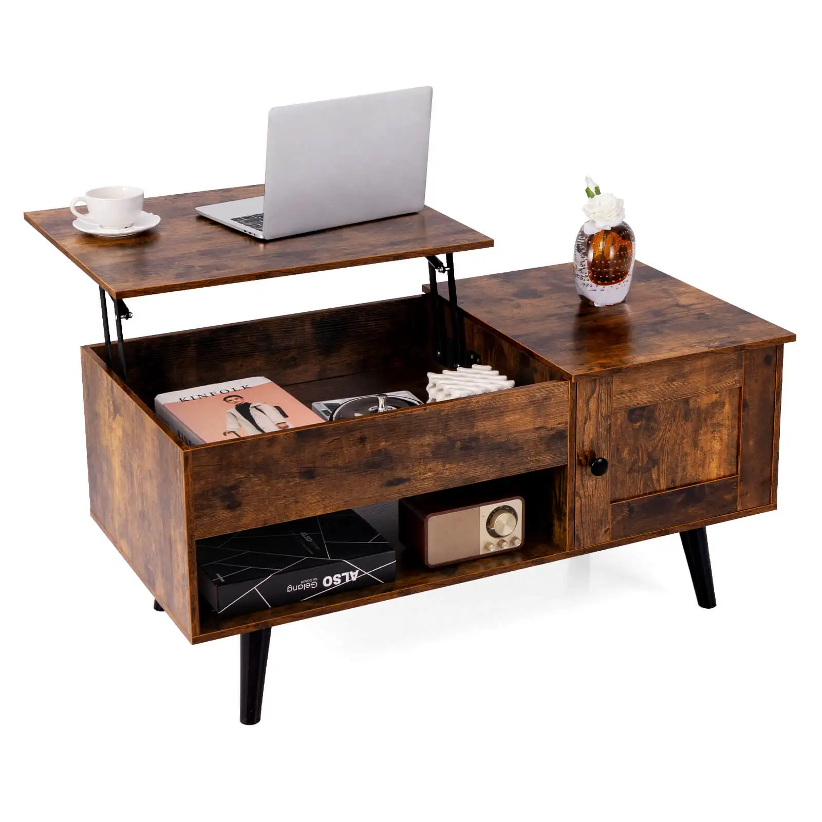 

Lift Top Coffee Table with Storage Hidden Compartment Cabinet & Open Shelf
