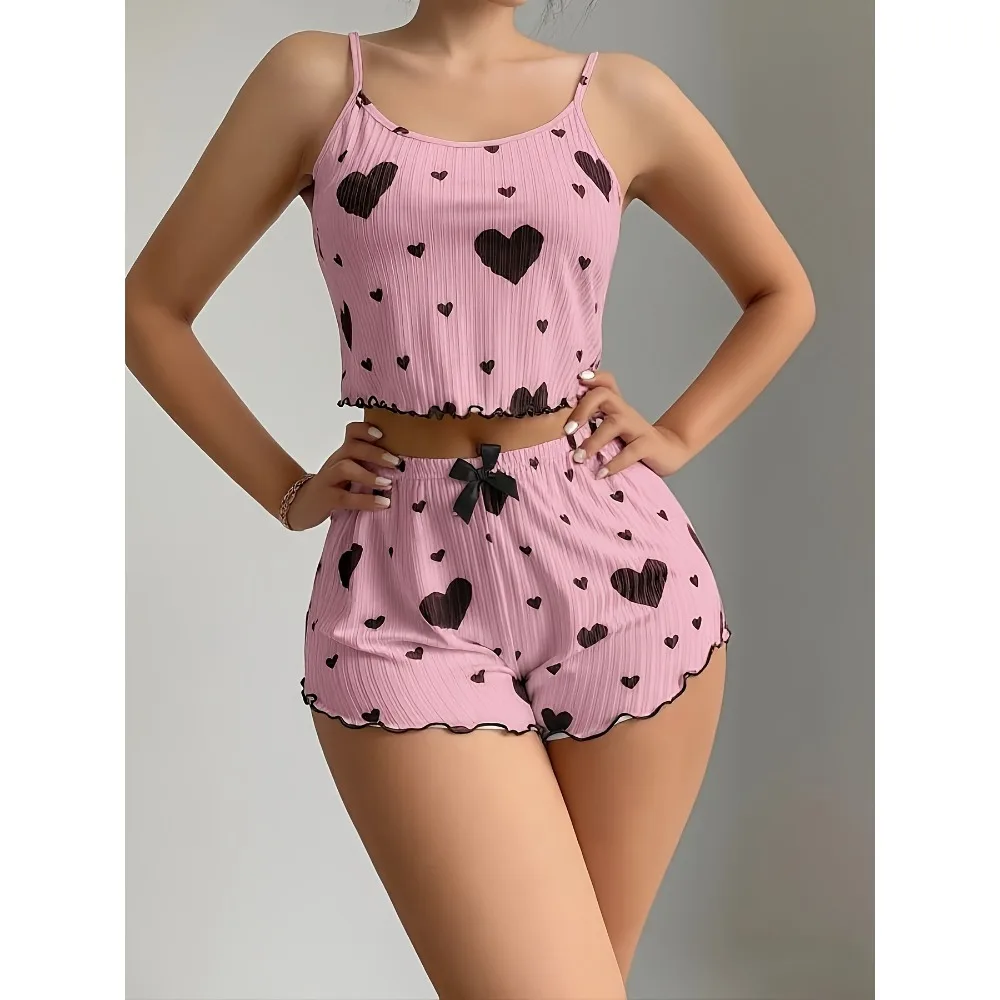 

Women's Summer Heart Print Camisole Tank Top Pajama + Shorts Set, Sweet Cute Casual Comfortable Loungewear