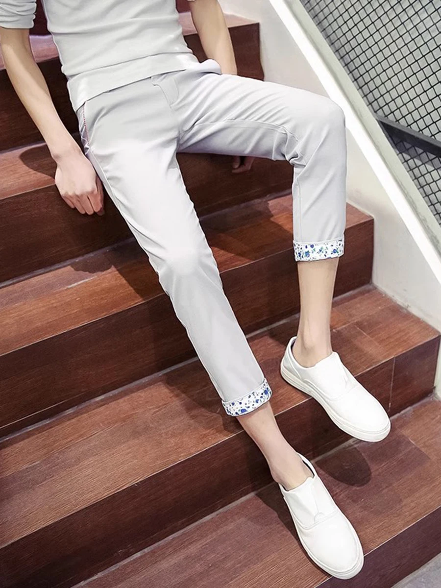 

Модные мужские летние повседневные брюки Slim Fit в корейском стиле, тонкие леггинсы до щиколотки, универсальные, для подростков, из полиэфирного волокна, с низкой талией