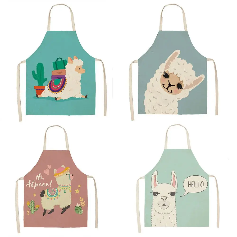 New Alpaca Cactus Printed Cotton Linen Sleeveless Aprons Kitchen Women Pinafore Home Cooking Baking Waist Bib Adult Child Aprons