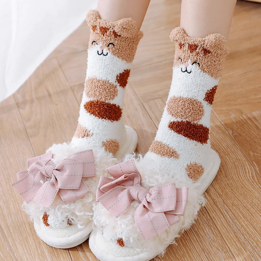 5 Pairs New Three-dimensional Ear Embroidery Cat Claw Coral Fleece Socks Cartoon Cat Confinement Warm Women Sleeping Socks