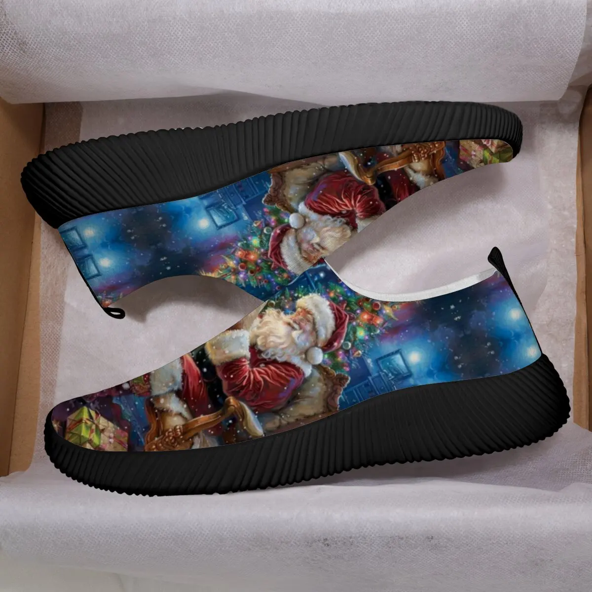 

Cartoon Santa Claus Patterned Couple Style Flat Lightweight Low-top Flat Elastic Mesh Fabric Light and Casual Sports Shoes